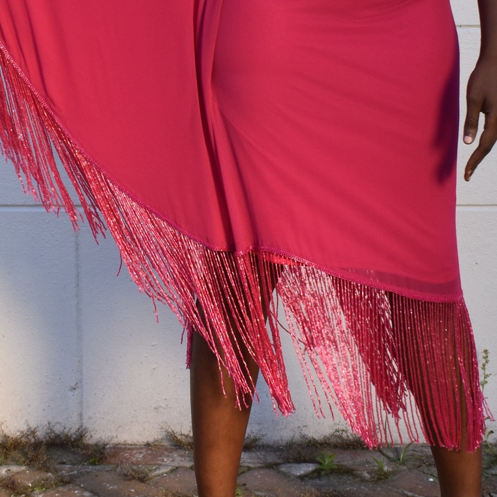 One-Shoulder Fringe Pink Dress - Picture 4 of 4